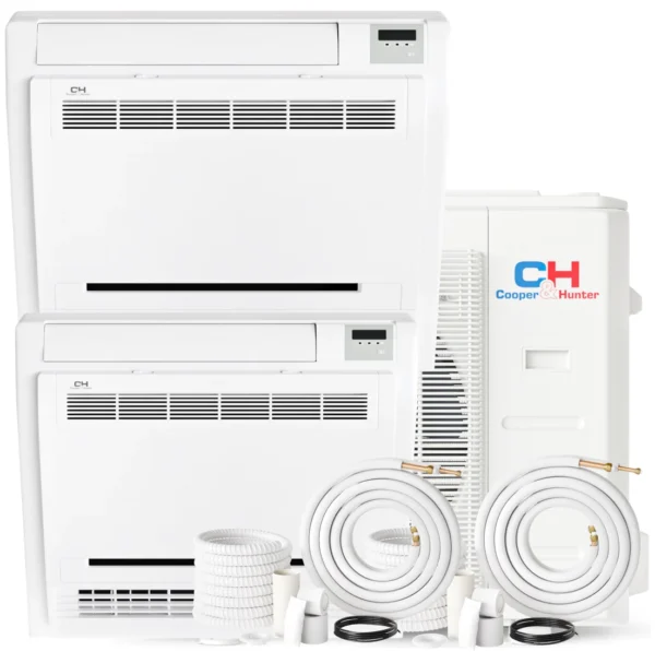 18,000 BTU Dual Zone 12k+12k Mini Floor Consoles with Installation Kits, 21.3 SEER Sophia Series 1.5 TON 2 Zone Ductless Multi Mini Split AC System