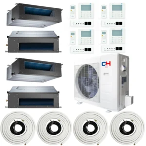 36,000 BTU 4 Zone 12k+12k+12k+12k Concealed Duct Mini Split with Installation Kits, Sophia Series 22.5 SEER 3 Ton Quad Zone Slim Duct AC System